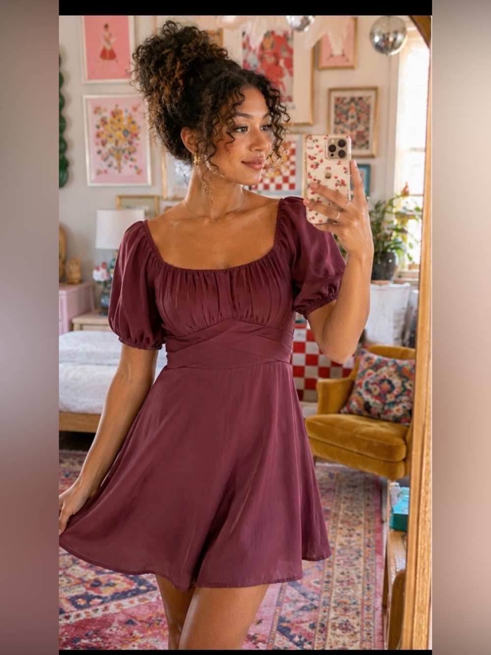 Altar’d State Mauve Babydoll Mini Dress | Puff Sleeves | Tie Back | Size Small